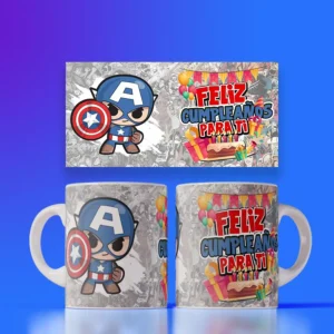 Diseño para sublimar tazas de feliz cumpleaños marvel